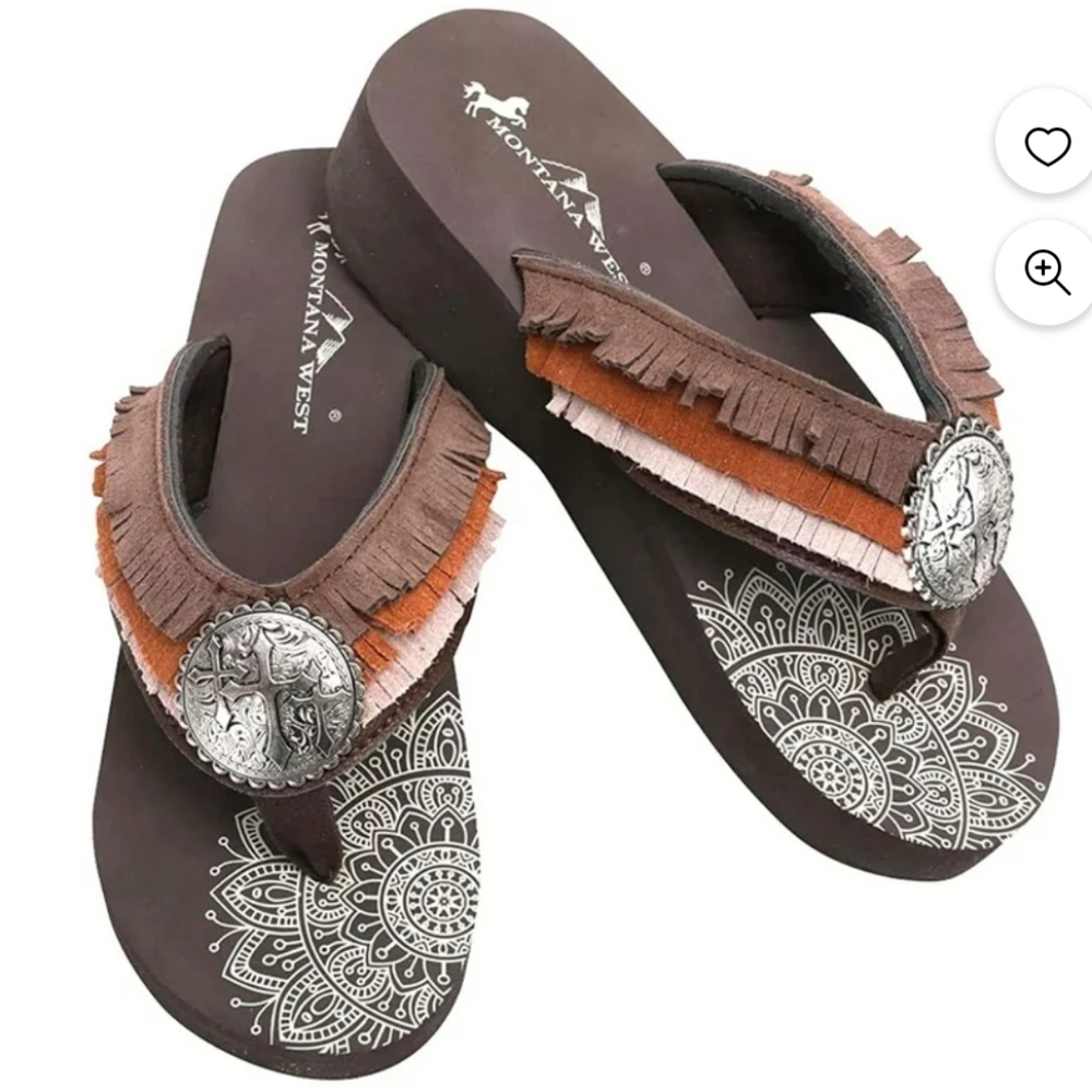Brown Fringe Three Cross Emblem Platform Wedge Flip-Flops Montana West